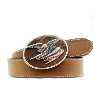 Nocona Western Belt Mens Leather Eagle Flag Buckle Brown N2411344. Size 32